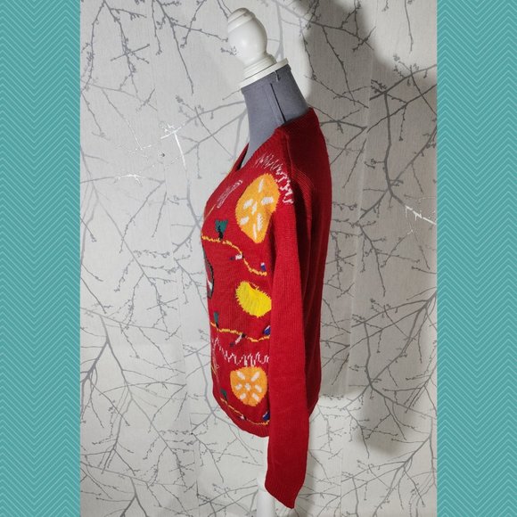 Happy Holidays Red Christmas Lights Ornaments Printed Crewneck Sweater - Picture 3 of 5